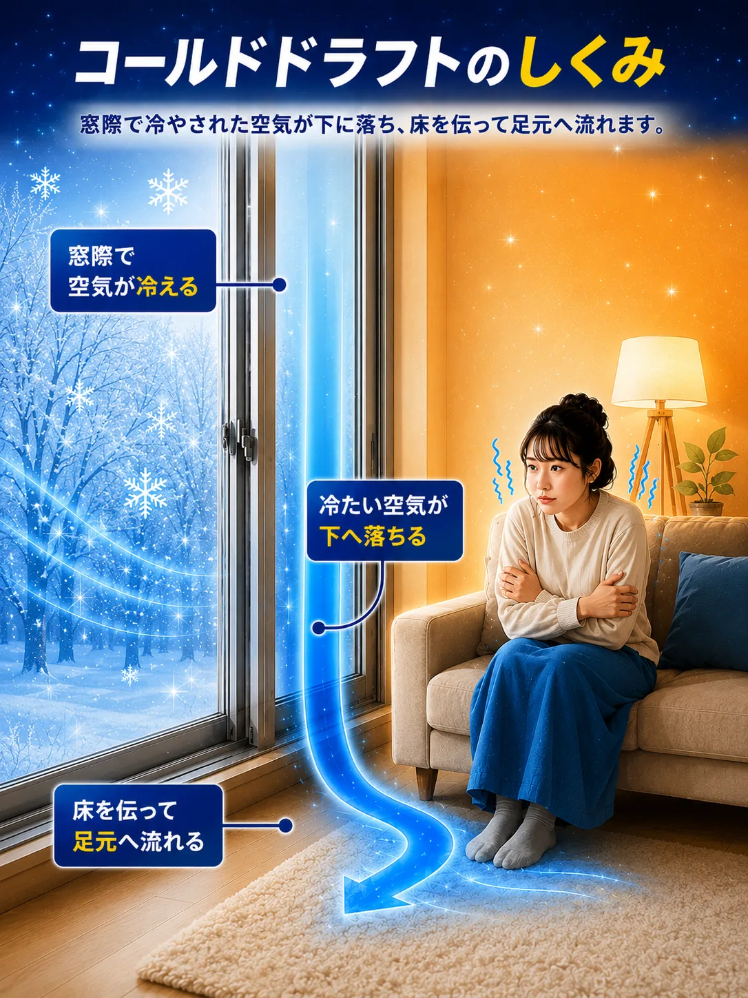 コールドドラフトで窓際の冷気が足元へ流れるイメージ