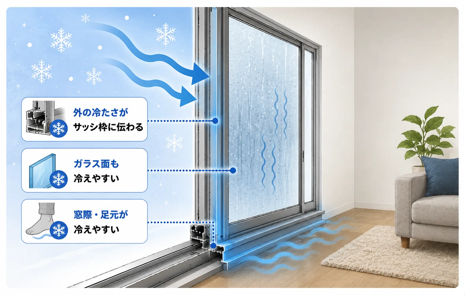 古いアルミサッシと単板ガラスの窓が寒さを伝えやすいイメージ
