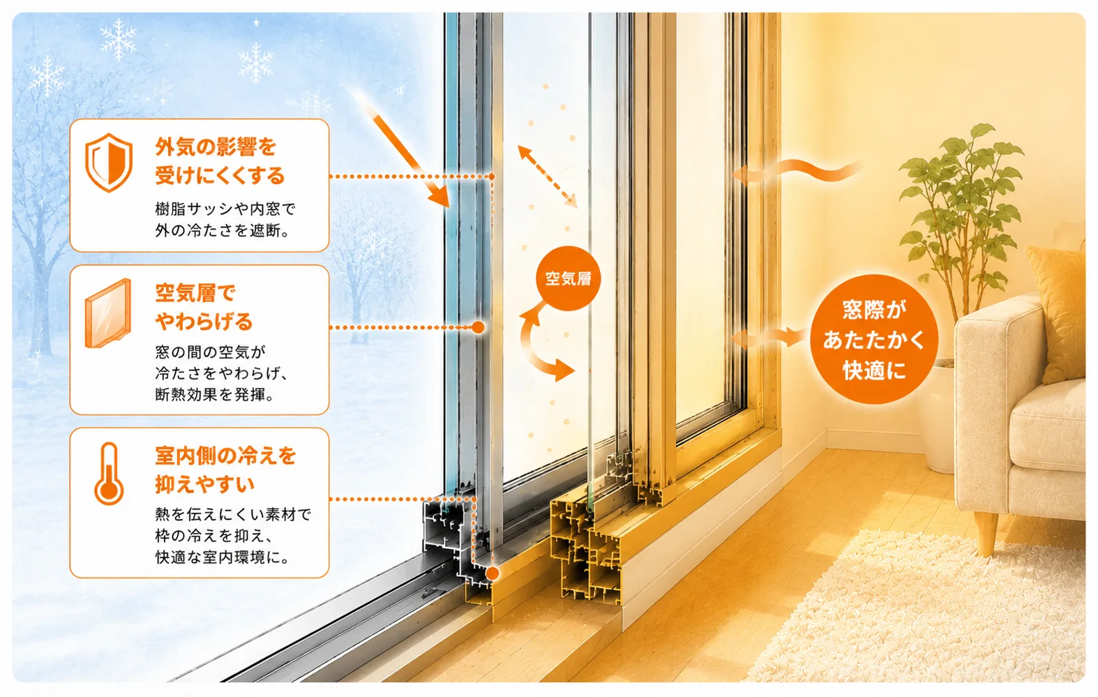 内窓や樹脂サッシで窓まわりの冷えをやわらげるイメージ