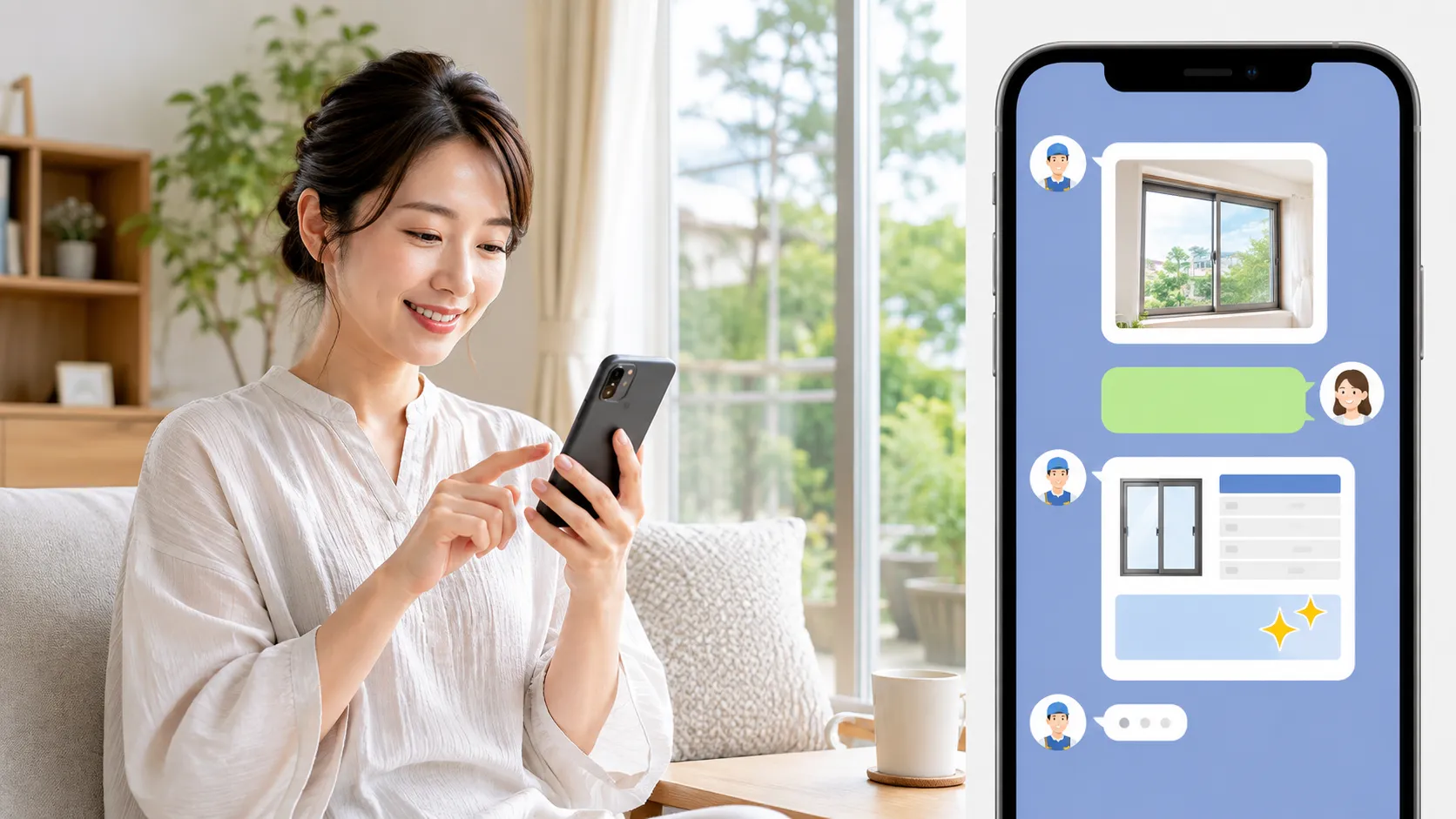 LINEで窓の写真を送って概算見積を相談するイメージ