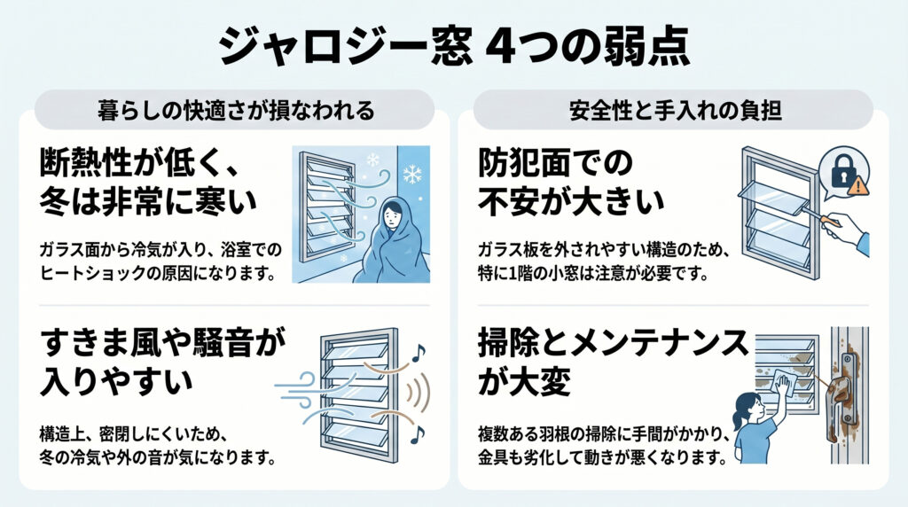 ジャロジー窓・ガラスルーバー窓のデメリット
