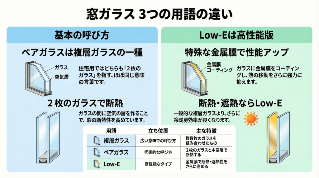 窓ガラス3つの用語の違い