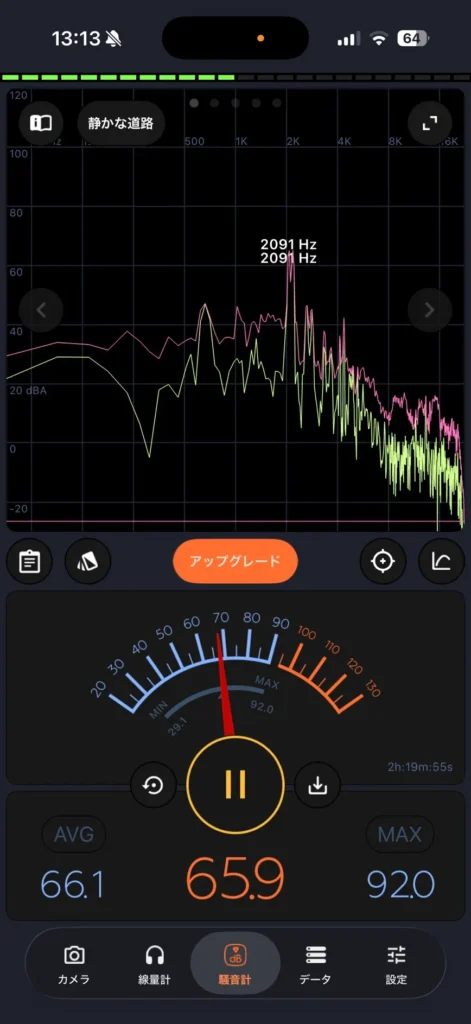 窓を1枚閉めた状態の音量測定スクリーンショット