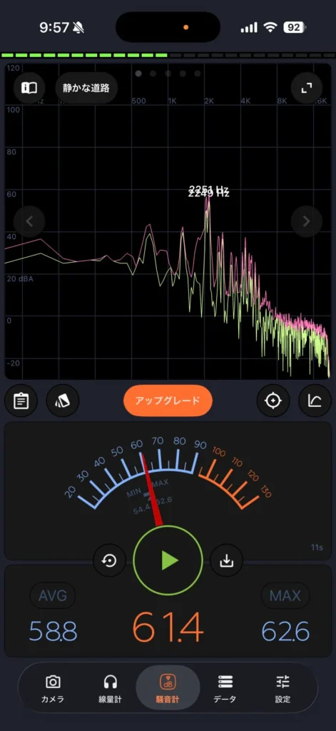 施工前の単版ガラスアルミサッシでドアを閉めた状態の音量測定スクリーンショット