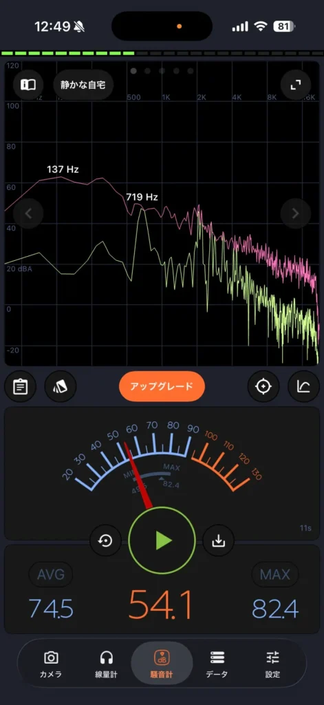 リプラス施工後でドアを閉めた状態の音量測定スクリーンショット