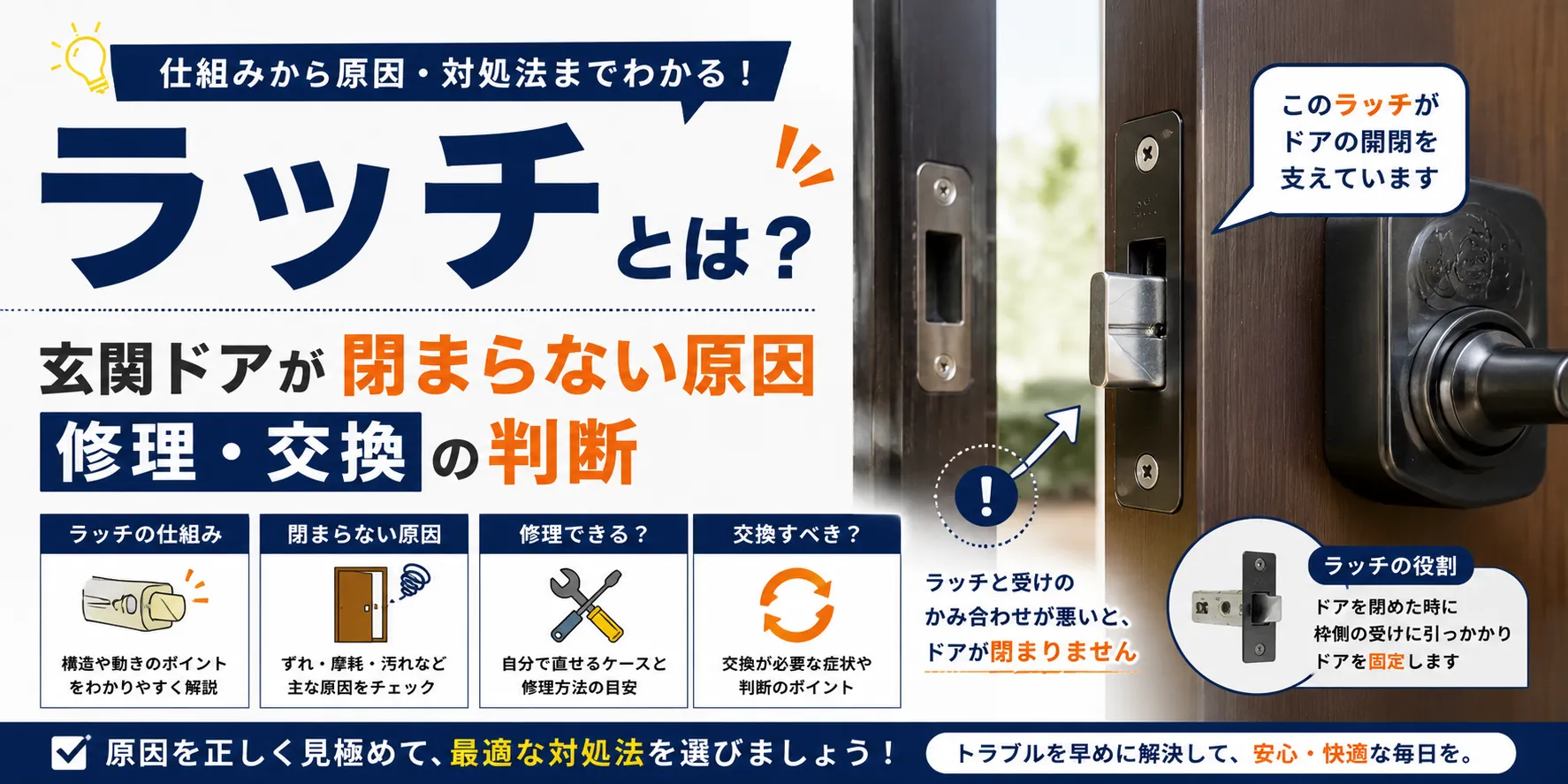 ラッチとは？玄関ドアが閉まらない原因｜修理・交換の判断