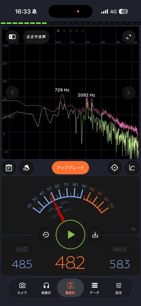 リフォーム後の開き戸玄関解放状態の音量測定スクリーンショット