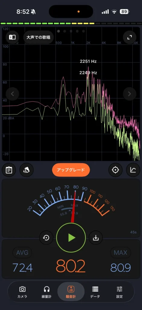 リフォーム前。玄関解放状態の音量測定スクリーンショット