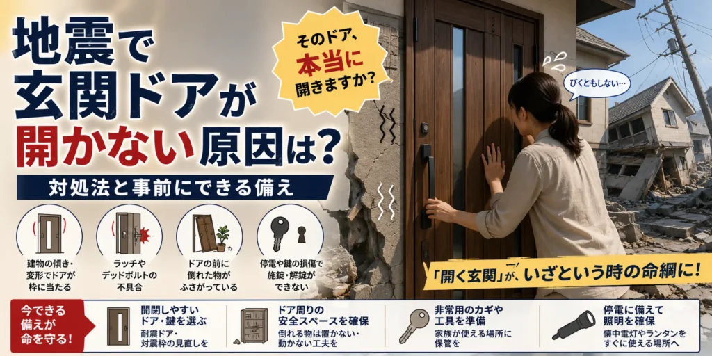 地震で玄関ドアが開かない原因は?対処法と事前にできる備え