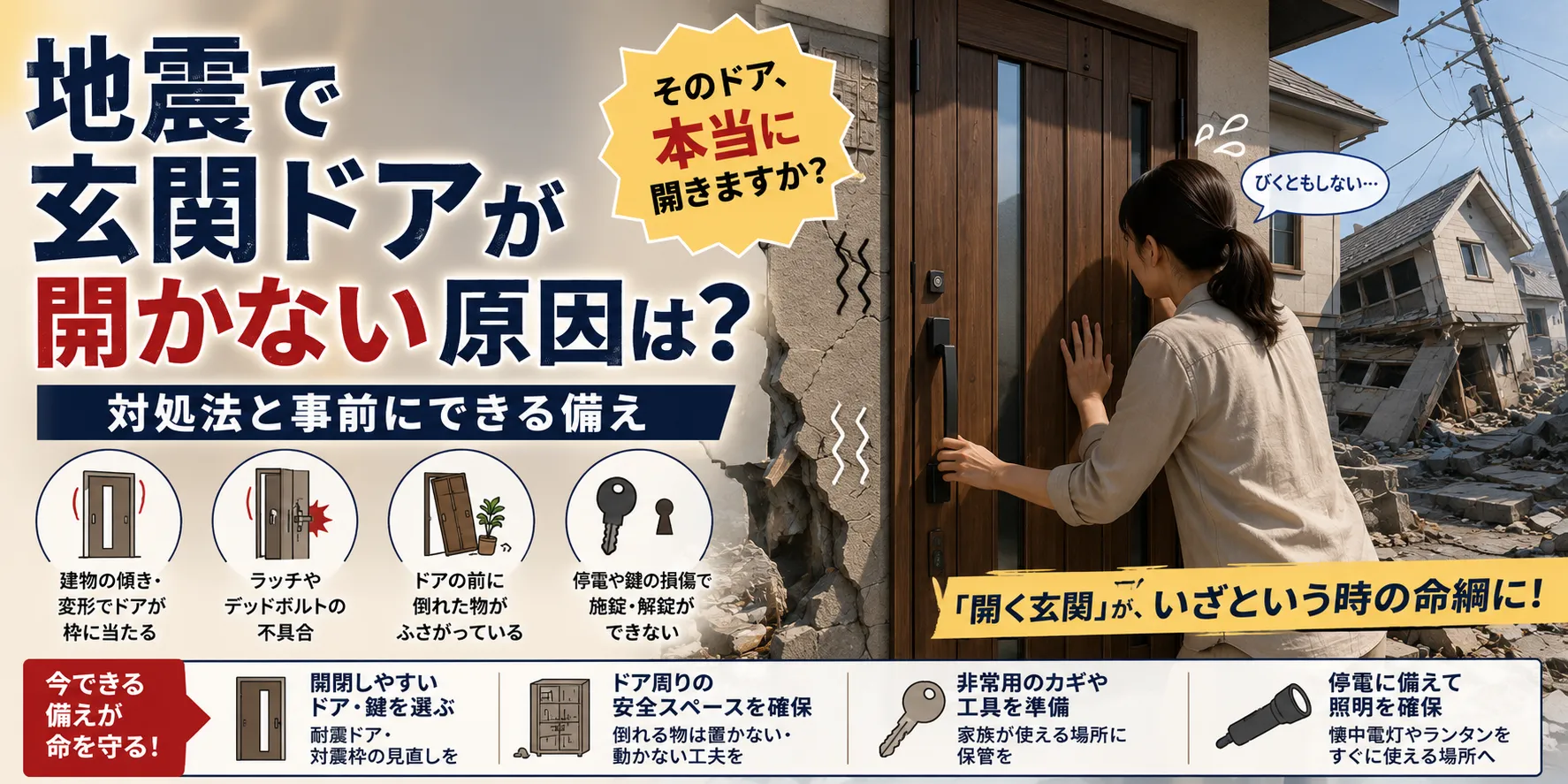 地震で玄関ドアが開かない原因と備え